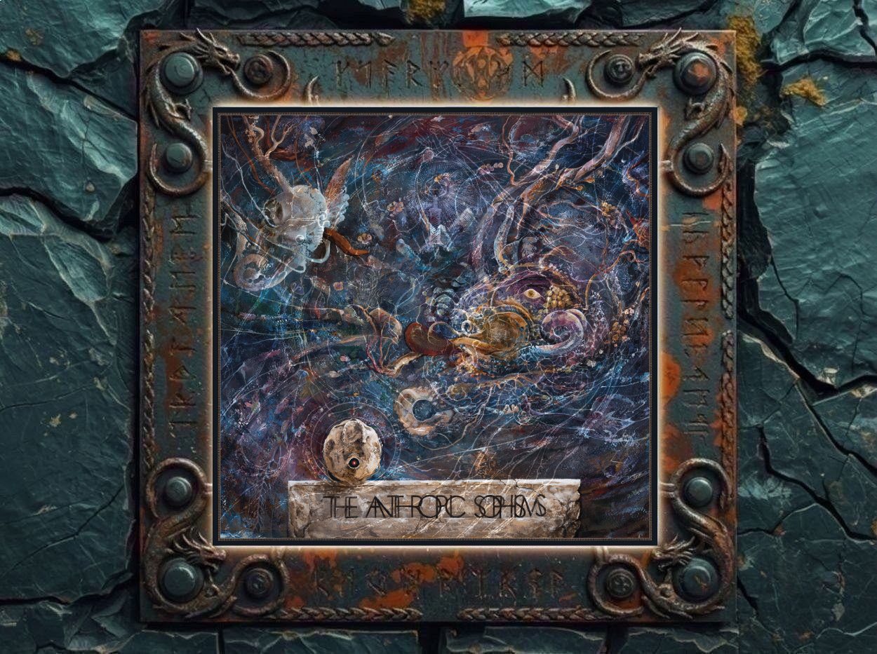 Albumcover von Inferno – The Anthropic Sophisms (On The Heights Of Despair): In einem dunkelblauen abstrakten Raum schweben ein menschlicher Kopf, eine Hand, Knochen, Augen, Organe und wurzelartige Formen zwischen feinen Linien und Kreisen. Am unteren Bildrand liegt eine steinerne Kugel mit einem roten Auge auf einem beschrifteten Sockel.