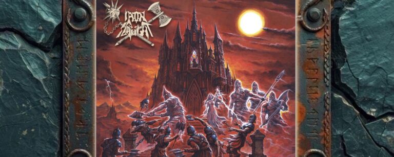 Albumcover von Iron Slaught – Metallic Torments: Vor einem hohen schwarzen Schloss kämpfen bewaffnete Männer auf einer breiten Treppe gegen leuchtende geisterhafte Krieger und eine weibliche Geistergestalt. Über der Szene liegt ein roter Himmel mit einem großen hellen Vollmond.