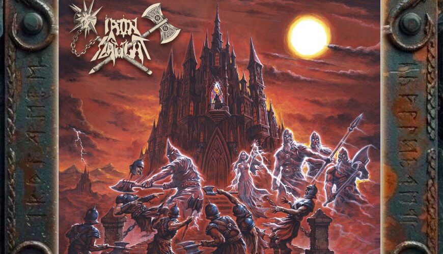 Albumcover von Iron Slaught – Metallic Torments: Vor einem hohen schwarzen Schloss kämpfen bewaffnete Männer auf einer breiten Treppe gegen leuchtende geisterhafte Krieger und eine weibliche Geistergestalt. Über der Szene liegt ein roter Himmel mit einem großen hellen Vollmond.