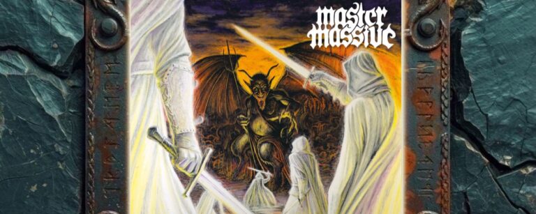 Albumcover von Master Massive – White Shadows: Gemaltes Heavy-Metal-Motiv mit einem geflügelten, gehörnten Dämon vor orangefarbenem Feuerhimmel. Mehrere weiß verhüllte Gestalten umringen ihn mit leuchtenden Schwertern. Oben rechts steht das Bandlogo, unten der Albumtitel.