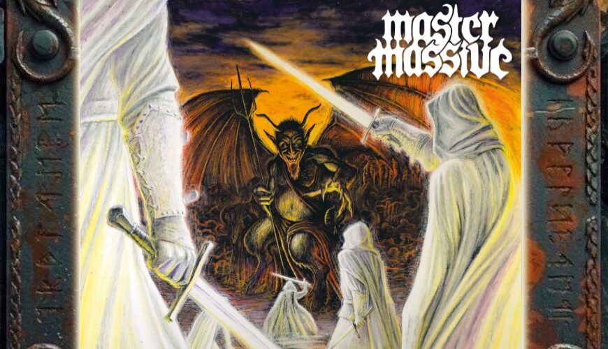 Albumcover von Master Massive – White Shadows: Gemaltes Heavy-Metal-Motiv mit einem geflügelten, gehörnten Dämon vor orangefarbenem Feuerhimmel. Mehrere weiß verhüllte Gestalten umringen ihn mit leuchtenden Schwertern. Oben rechts steht das Bandlogo, unten der Albumtitel.