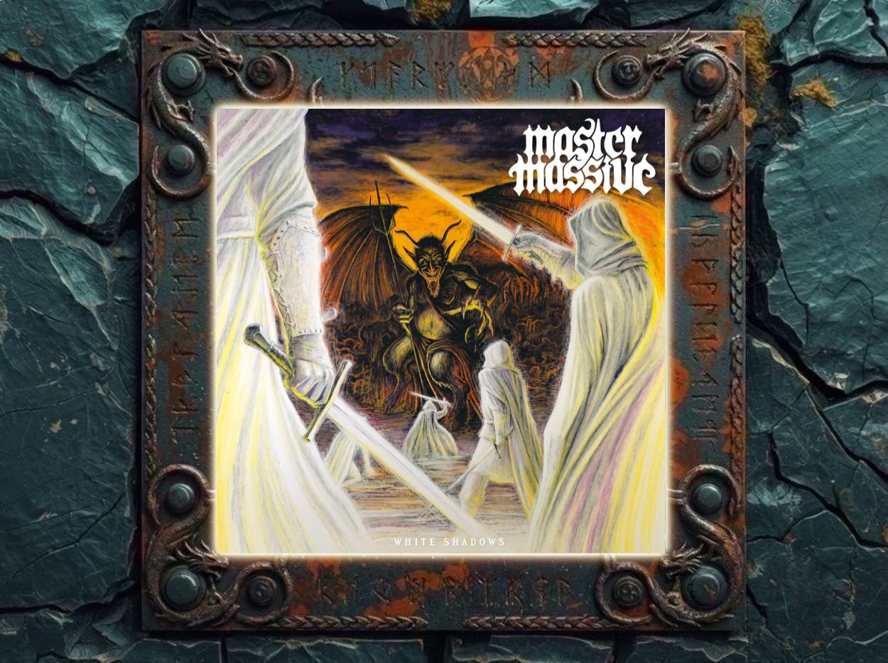 Albumcover von Master Massive – White Shadows: Gemaltes Heavy-Metal-Motiv mit einem geflügelten, gehörnten Dämon vor orangefarbenem Feuerhimmel. Mehrere weiß verhüllte Gestalten umringen ihn mit leuchtenden Schwertern. Oben rechts steht das Bandlogo, unten der Albumtitel.