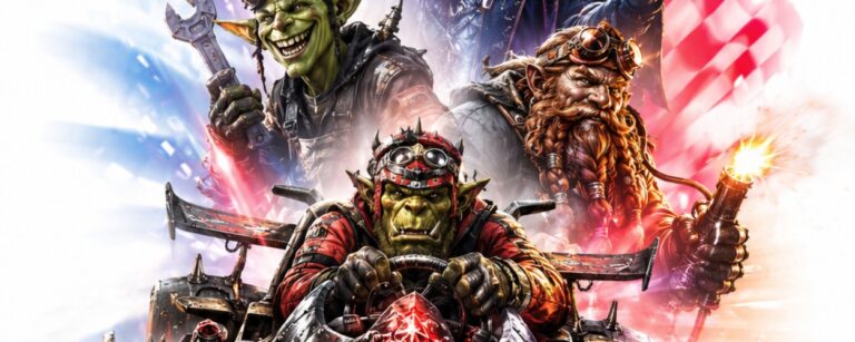 Fantasy-Motorsportposter auf hellem Hintergrund: Im Vordergrund rast ein wuchtiger, schwarzer Rennwagen mit roten Leuchtelementen, Stacheln, Runen und Totenschädel-Verzierungen frontal auf den Betrachter zu. Am Steuer sitzt ein grimmiger Ork mit Rennhaube. Hinter dem Wagen stehen mehrere Figuren in dynamischer Collage: ein grinsender Goblin mit Schraubenschlüssel, ein bärtiger Zwerg mit Schweißgerät, ein bleicher Nekromant mit bläulich leuchtender Magie und darüber ein älterer Mann in monochromer Darstellung. Farbige Rot- und Blaueffekte sowie ein Tachometer überlagern das Bild.
