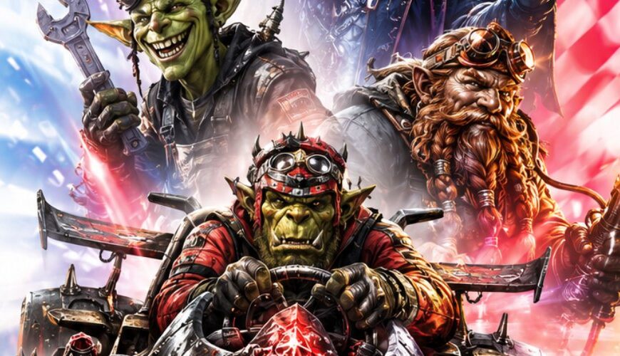 Fantasy-Motorsportposter auf hellem Hintergrund: Im Vordergrund rast ein wuchtiger, schwarzer Rennwagen mit roten Leuchtelementen, Stacheln, Runen und Totenschädel-Verzierungen frontal auf den Betrachter zu. Am Steuer sitzt ein grimmiger Ork mit Rennhaube. Hinter dem Wagen stehen mehrere Figuren in dynamischer Collage: ein grinsender Goblin mit Schraubenschlüssel, ein bärtiger Zwerg mit Schweißgerät, ein bleicher Nekromant mit bläulich leuchtender Magie und darüber ein älterer Mann in monochromer Darstellung. Farbige Rot- und Blaueffekte sowie ein Tachometer überlagern das Bild.