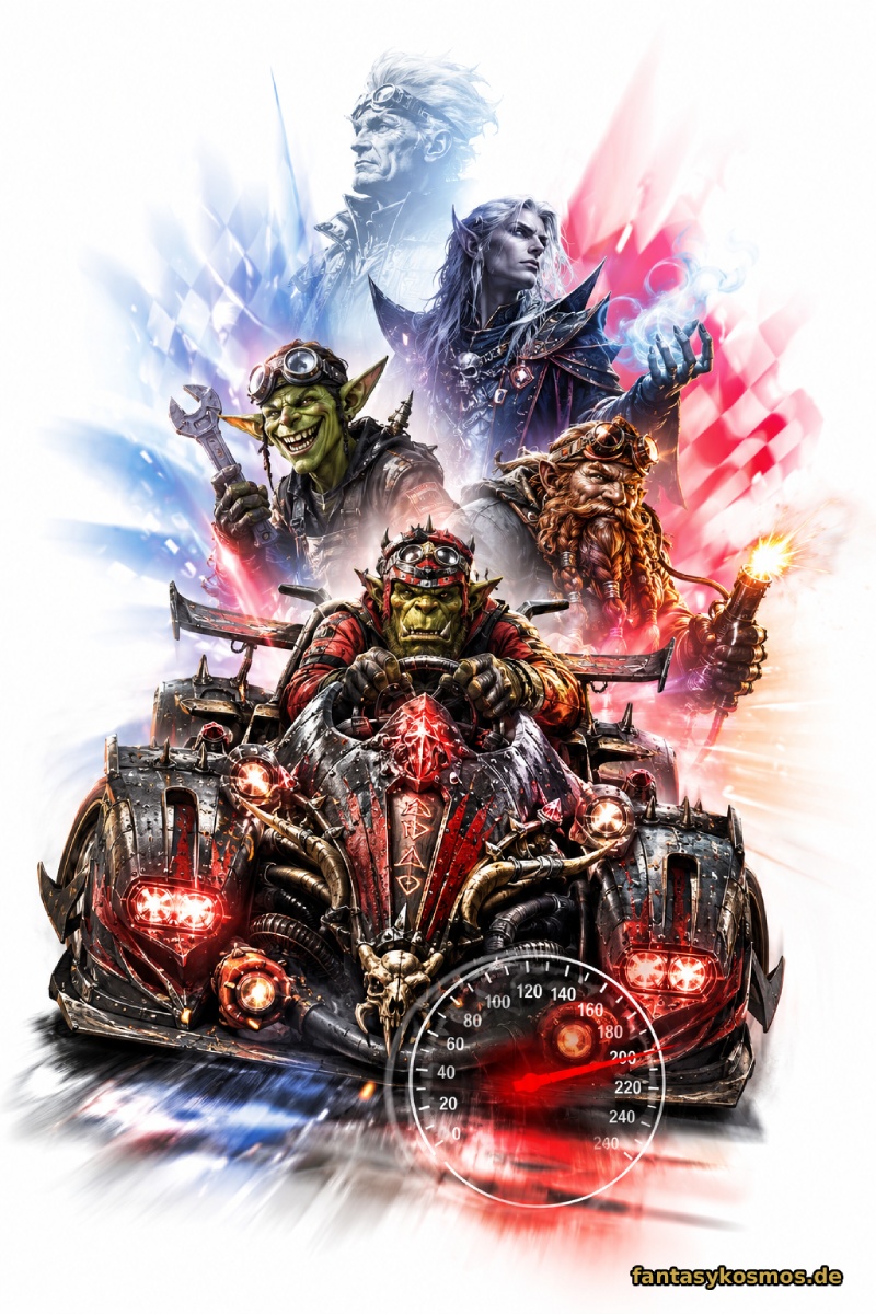 Fantasy-Motorsportposter auf hellem Hintergrund: Im Vordergrund rast ein wuchtiger, schwarzer Rennwagen mit roten Leuchtelementen, Stacheln, Runen und Totenschädel-Verzierungen frontal auf den Betrachter zu. Am Steuer sitzt ein grimmiger Ork mit Rennhaube. Hinter dem Wagen stehen mehrere Figuren in dynamischer Collage: ein grinsender Goblin mit Schraubenschlüssel, ein bärtiger Zwerg mit Schweißgerät, ein bleicher Nekromant mit bläulich leuchtender Magie und darüber ein älterer Mann in monochromer Darstellung. Farbige Rot- und Blaueffekte sowie ein Tachometer überlagern das Bild.