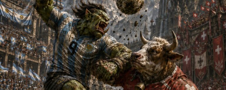 Im schlammigen Stadion von Kansas City prallt ein wütender Orkentinier im himmelblau-weiß gestreiften Trikot auf einen massigen Horn-Schwyzer im roten Trikot mit Kuhglocke. Weitere Orks und zweibeinige Alpenrinder stürmen durch Matsch und fliegende Grasbrocken zum Ball.