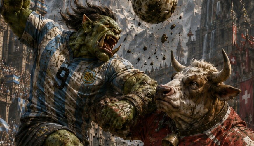 Im schlammigen Stadion von Kansas City prallt ein wütender Orkentinier im himmelblau-weiß gestreiften Trikot auf einen massigen Horn-Schwyzer im roten Trikot mit Kuhglocke. Weitere Orks und zweibeinige Alpenrinder stürmen durch Matsch und fliegende Grasbrocken zum Ball.