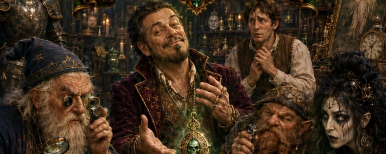 Fantasy-TV-Poster einer verfluchten Antiquitätensendung: In einem düsteren Kuriositätenladen prangt oben das goldene Logo „Bares für Wahres – Verfluchte Edition“. Darunter präsentiert ein selbstzufriedener Händler ein grün leuchtendes Amulett, während ein alter Magier, ein zwergischer Sachverständiger und eine bleiche Nekromantin das Stück begutachten. Im Vordergrund liegt eine reich verzierte Truhe mit Augen, aus der feiner Atemdunst steigt.