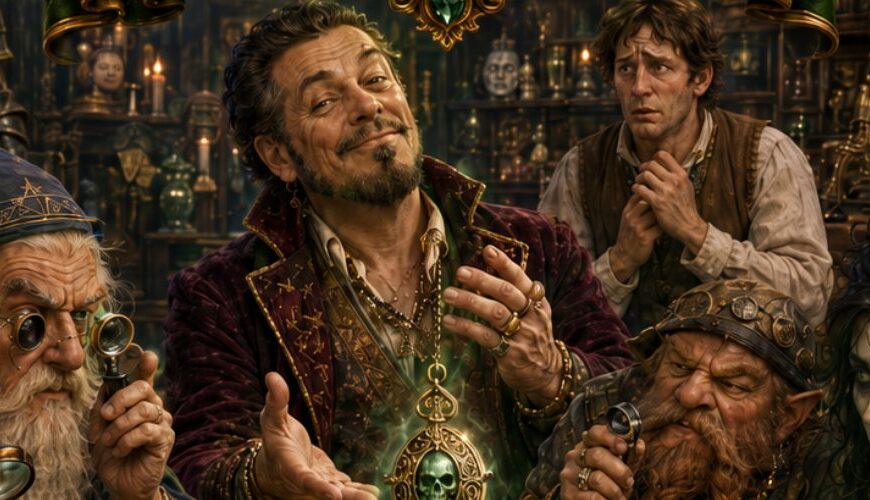 Fantasy-TV-Poster einer verfluchten Antiquitätensendung: In einem düsteren Kuriositätenladen prangt oben das goldene Logo „Bares für Wahres – Verfluchte Edition“. Darunter präsentiert ein selbstzufriedener Händler ein grün leuchtendes Amulett, während ein alter Magier, ein zwergischer Sachverständiger und eine bleiche Nekromantin das Stück begutachten. Im Vordergrund liegt eine reich verzierte Truhe mit Augen, aus der feiner Atemdunst steigt.