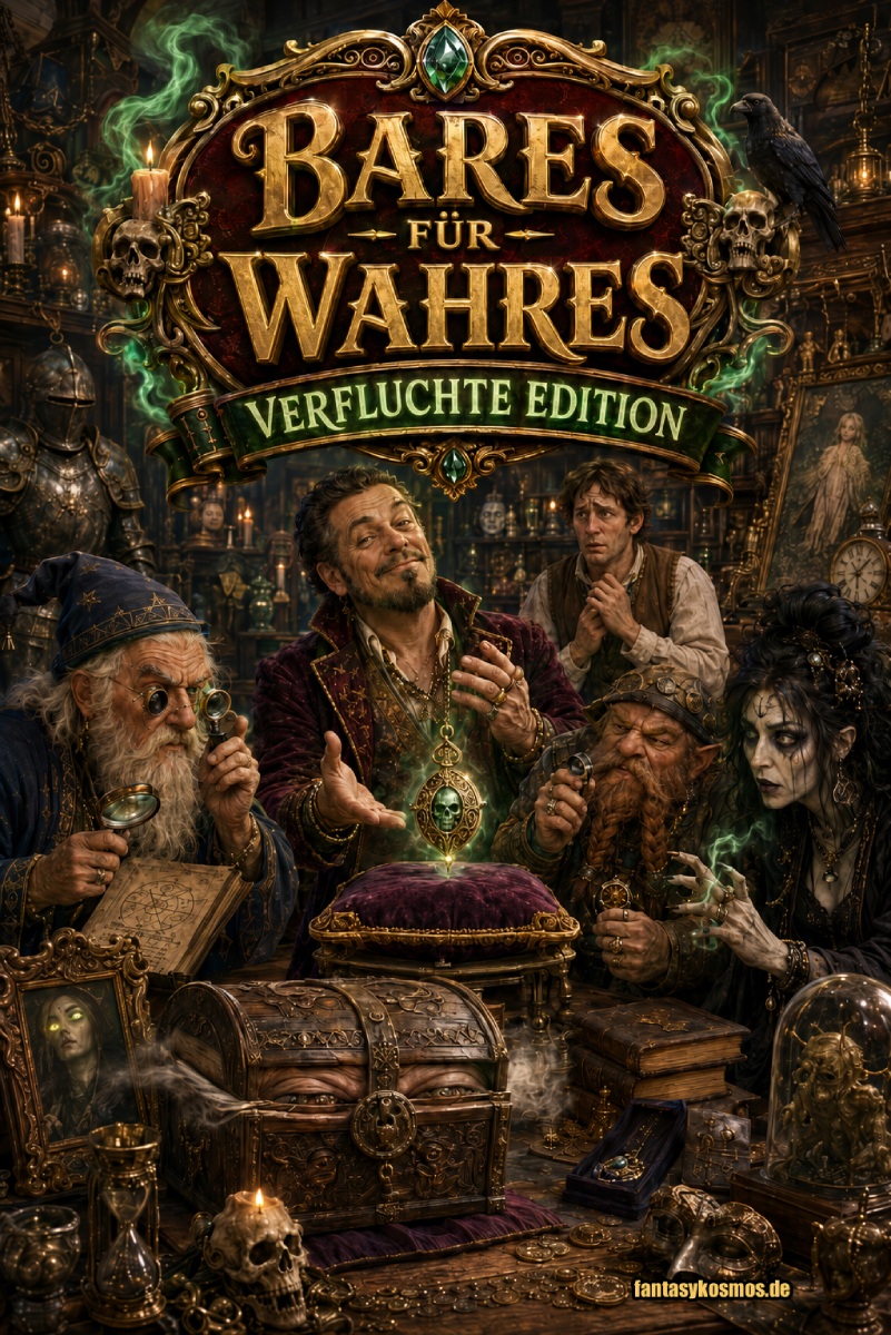 Fantasy-TV-Poster einer verfluchten Antiquitätensendung: In einem düsteren Kuriositätenladen prangt oben das goldene Logo „Bares für Wahres – Verfluchte Edition“. Darunter präsentiert ein selbstzufriedener Händler ein grün leuchtendes Amulett, während ein alter Magier, ein zwergischer Sachverständiger und eine bleiche Nekromantin das Stück begutachten. Im Vordergrund liegt eine reich verzierte Truhe mit Augen, aus der feiner Atemdunst steigt.
