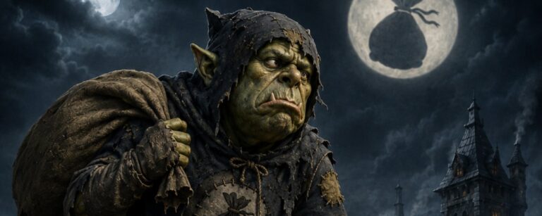Satirisches Fantasy-Filmposter: Ein miesepetriger Ork in einem zerschlissenen, vielfach geflickten schwarzen Superheldenkostüm kauert nachts auf einem steinernen Dach. Auf seiner Brust trägt er das Symbol eines zugeschnürten Beutels, über der Schulter hängt ein großer schmutziger Sack.