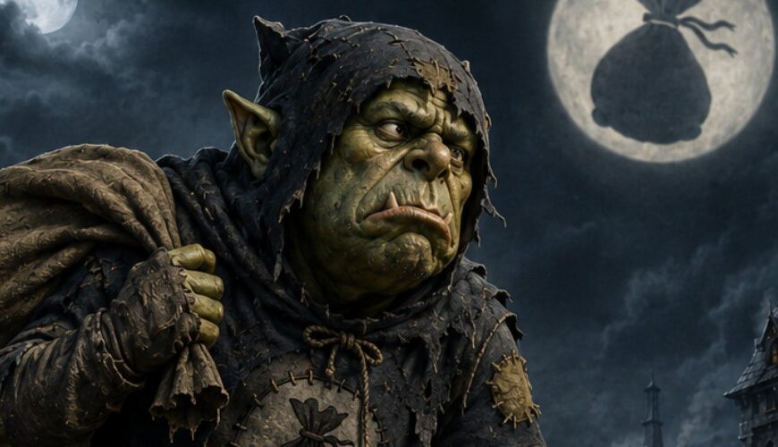 Satirisches Fantasy-Filmposter: Ein miesepetriger Ork in einem zerschlissenen, vielfach geflickten schwarzen Superheldenkostüm kauert nachts auf einem steinernen Dach. Auf seiner Brust trägt er das Symbol eines zugeschnürten Beutels, über der Schulter hängt ein großer schmutziger Sack.