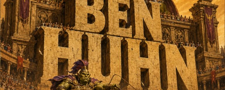 Satirisches Monumentalfilmplakat in goldgelber Vintage-Optik: Über riesigen steinernen Buchstaben mit dem Titel „BEN HUHN“ erhebt sich die Statue eines grimmigen Orkhelden.