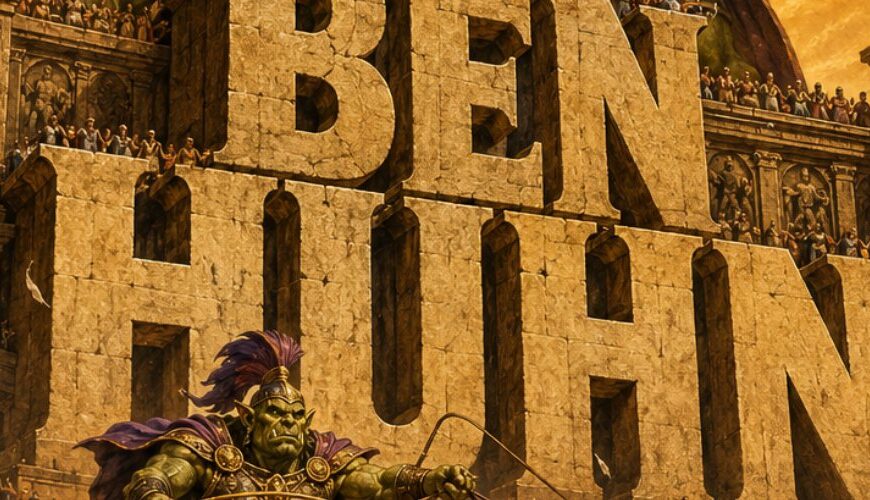 Satirisches Monumentalfilmplakat in goldgelber Vintage-Optik: Über riesigen steinernen Buchstaben mit dem Titel „BEN HUHN“ erhebt sich die Statue eines grimmigen Orkhelden.