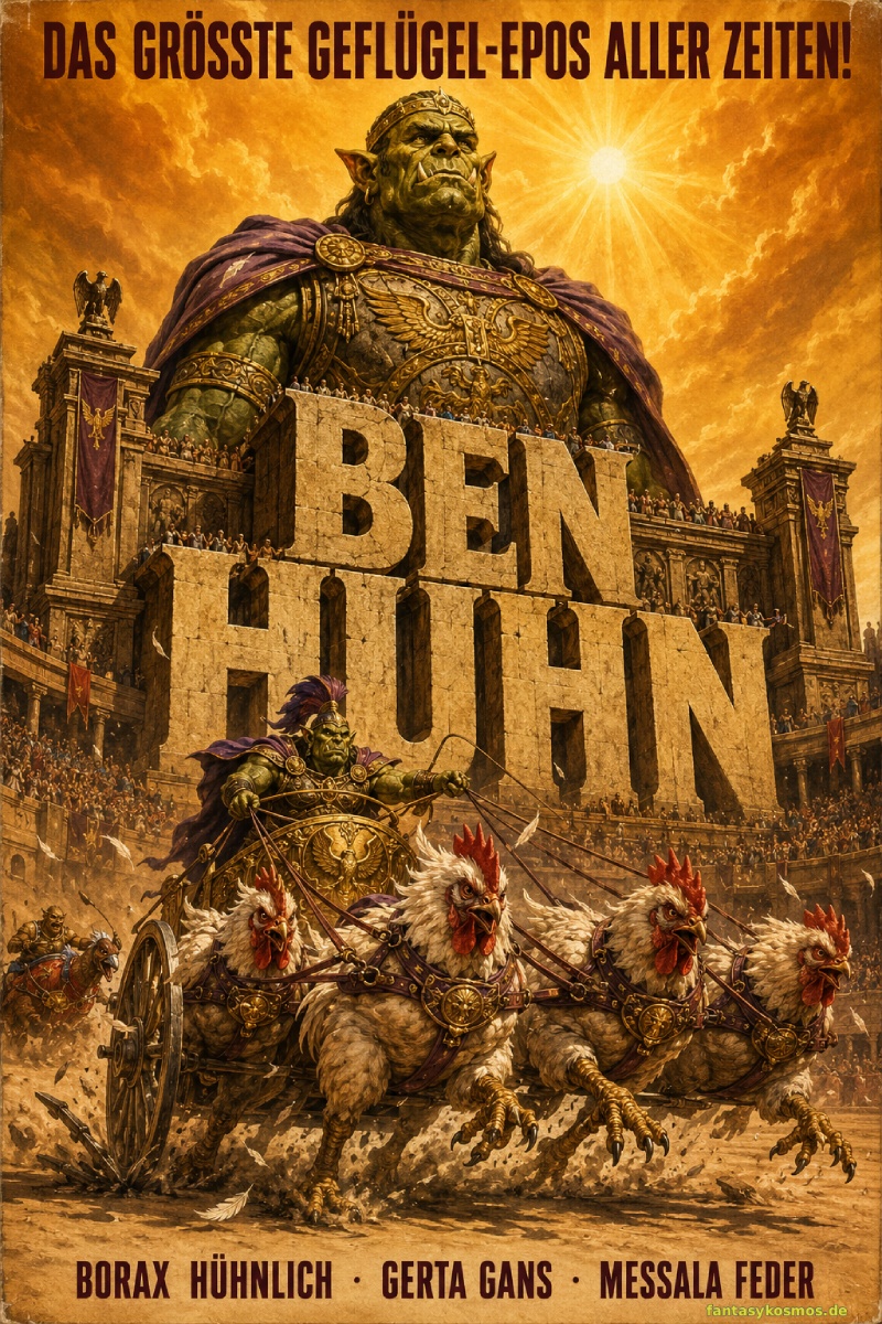 Satirisches Monumentalfilmplakat in goldgelber Vintage-Optik: Über riesigen steinernen Buchstaben mit dem Titel „BEN HUHN“ erhebt sich die Statue eines grimmigen Orkhelden. Darunter rast ein antiker Streitwagen durch eine staubige Arena, gezogen von vier gewaltigen Kampfhühnern. Federn wirbeln durch die Luft, Zuschauer drängen sich auf den Rängen. Oben steht: „Das größte Geflügel-Epos aller Zeiten!“
