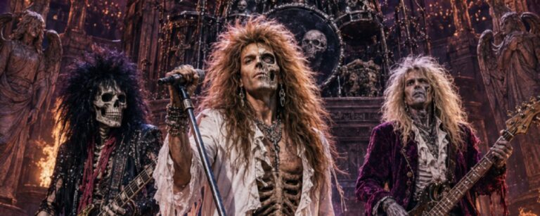 Satirisches Fantasy-Rockposter: Vor einem nächtlichen Friedhof posieren vier untote Hair-Metal-Musiker mit langen, wild auftürmenden Haaren, Lederkleidung und offenen Hemden. Der halb verweste Sänger steht mit ausgebreiteten Armen am Mikrofon.