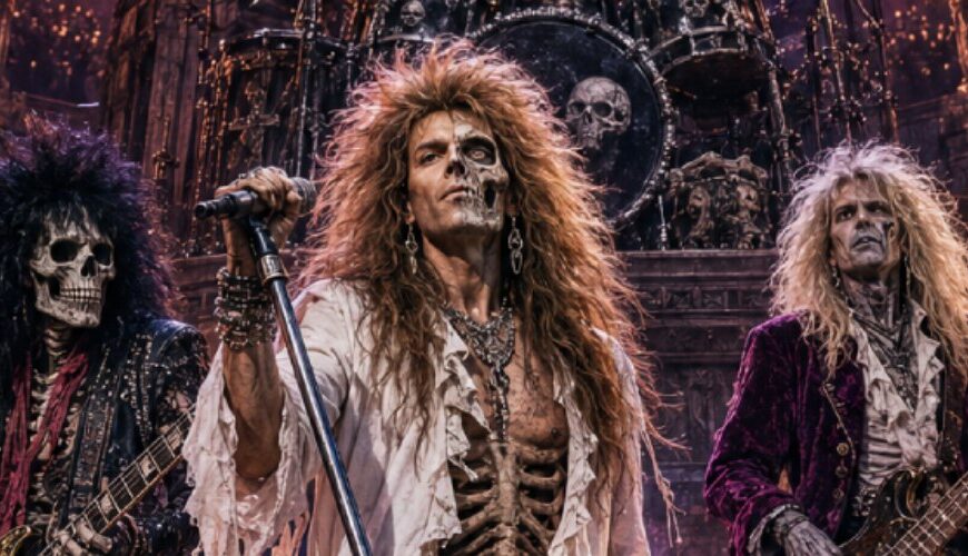 Satirisches Fantasy-Rockposter: Vor einem nächtlichen Friedhof posieren vier untote Hair-Metal-Musiker mit langen, wild auftürmenden Haaren, Lederkleidung und offenen Hemden. Der halb verweste Sänger steht mit ausgebreiteten Armen am Mikrofon.