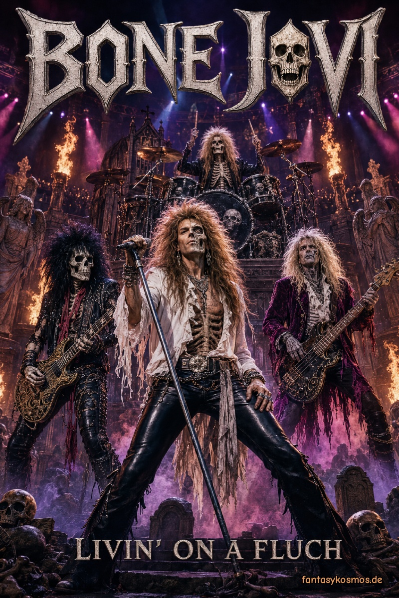 Satirisches Fantasy-Rockposter: Vor einem nächtlichen Friedhof posieren vier untote Hair-Metal-Musiker mit langen, wild auftürmenden Haaren, Lederkleidung und offenen Hemden. Der halb verweste Sänger steht mit ausgebreiteten Armen am Mikrofon. Hinter der Band ragen Grabsteine und eine gotische Kathedrale aus violettem Nebel, während hohe Feuerfontänen in den Himmel schießen. Oben steht „BONE JOVI“, unten „Livin’ on a Fluch“.