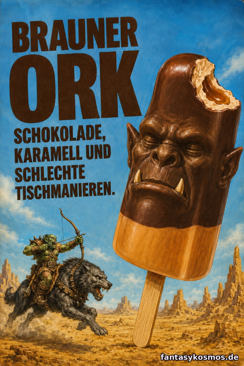 Nostalgische Fantasy-Eiswerbung: Ein großes Schokoladeneis am Stiel besitzt die Form eines grimmigen Orkkopfes mit spitzen Ohren, breiter Nase und kleinen Hauern. Unter dem Eis reitet ein bewaffneter Krieger auf einem schwarzen Warg durch eine staubige Landschaft. Oben steht „Brauner Ork“, darunter „Schokolade, Karamell und schlechte Tischmanieren“.