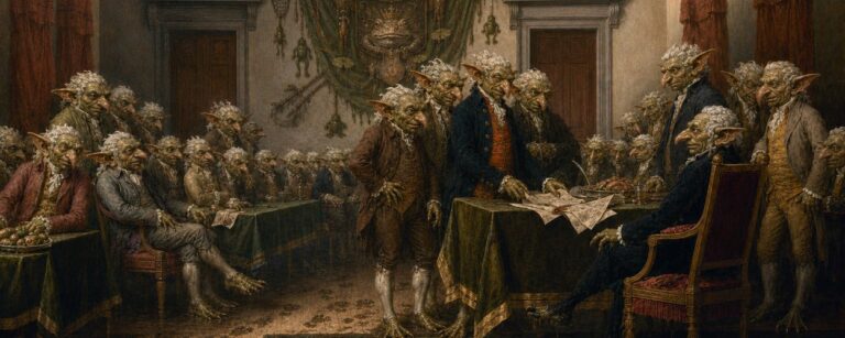 Historiengemälde-Parodie im Stil eines feierlichen Unabhängigkeitsmoments: In einem großen Versammlungssaal beraten zahlreiche koboldartige Würdenträger in alten Staatsgewändern über eine feierliche Erklärung. Die zentrale Gruppe steht an einem Tisch mit Dokumenten, rechts sitzt ein hochrangiger Kobold in einem roten Prunksessel. Alle tragen Perücken und historische Kleidung, aber ihre klauenartigen Füße hinterlassen feuchte Spuren auf dem Boden. An der Rückwand hängt ein absurdes Knattermoor-Wappen mit Sumpf- und Koboldmotiven.