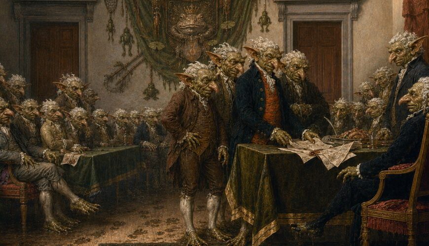 Historiengemälde-Parodie im Stil eines feierlichen Unabhängigkeitsmoments: In einem großen Versammlungssaal beraten zahlreiche koboldartige Würdenträger in alten Staatsgewändern über eine feierliche Erklärung. Die zentrale Gruppe steht an einem Tisch mit Dokumenten, rechts sitzt ein hochrangiger Kobold in einem roten Prunksessel. Alle tragen Perücken und historische Kleidung, aber ihre klauenartigen Füße hinterlassen feuchte Spuren auf dem Boden. An der Rückwand hängt ein absurdes Knattermoor-Wappen mit Sumpf- und Koboldmotiven.
