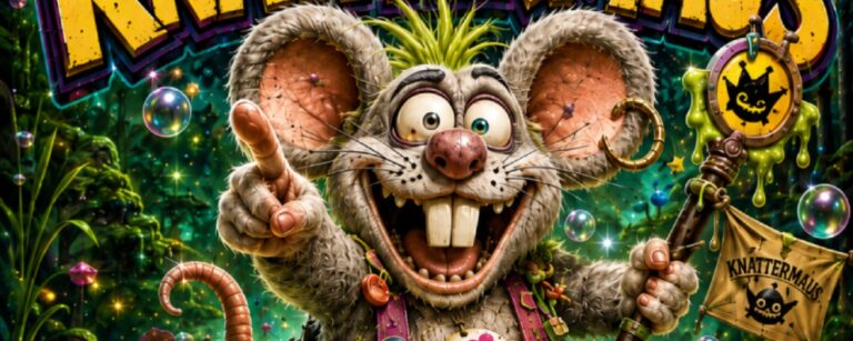 Überdrehtes Fantasy-Werbeplakat: Eine riesige graue Maus mit gewaltigen Füßen, grüner Stachelfrisur, Krone, zerrissener Koboldkleidung und irrem Grinsen springt durch einen leuchtenden Sumpf. Neben ihr jubeln zwei grüne Kobolde mit Tasse und rosafarbenem Knattermaus-Produkt.