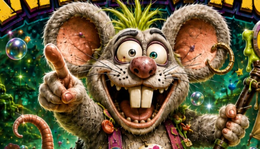 Überdrehtes Fantasy-Werbeplakat: Eine riesige graue Maus mit gewaltigen Füßen, grüner Stachelfrisur, Krone, zerrissener Koboldkleidung und irrem Grinsen springt durch einen leuchtenden Sumpf. Neben ihr jubeln zwei grüne Kobolde mit Tasse und rosafarbenem Knattermaus-Produkt.