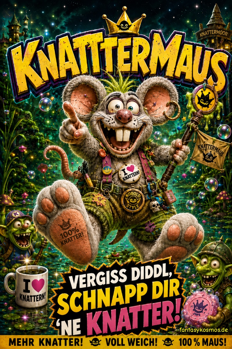 Überdrehtes Fantasy-Werbeplakat: Eine riesige graue Maus mit gewaltigen Füßen, grüner Stachelfrisur, Krone, zerrissener Koboldkleidung und irrem Grinsen springt durch einen leuchtenden Sumpf. Neben ihr jubeln zwei grüne Kobolde mit Tasse und rosafarbenem Knattermaus-Produkt. Oben steht „KNATTERMAUS“, unten der Werbespruch „VERGISS DIDDL, SCHNAPP DIR ’NE KNATTER!“ sowie „MEHR KNATTER! VOLL WEICH! 100 % MAUS!“.