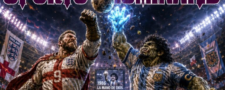 Fantasy-Sportmagazincover zu einem monumentalen WM-Halbfinale: In einem hell erleuchteten Stadion springt ein englischer Ritter-Fußballer im weißen Trikot mit rotem Kreuz zum Ball, während ihm ein argentinischer Maradonna-Ork im himmelblau-weißen Trikot mit grell leuchtender Hand entgegenschnellt. Unter ihnen tobt ein wilder Pulk aus englischen Kriegern und argentinischen Orks durch Schlamm und fliegende Erdklumpen. Oben steht „SPORTS ILLIMINATED“, unten die Schlagzeile „DIE RÜCKKEHR DER HAND“.