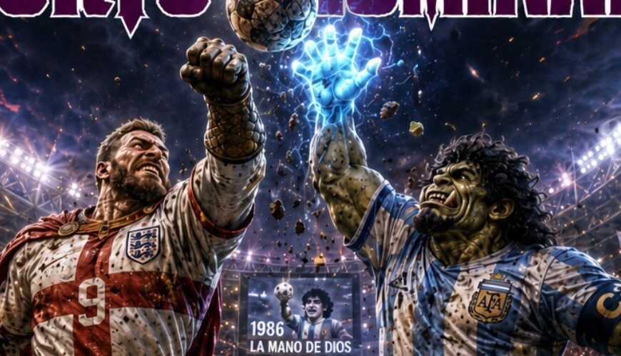 Fantasy-Sportmagazincover zu einem monumentalen WM-Halbfinale: In einem hell erleuchteten Stadion springt ein englischer Ritter-Fußballer im weißen Trikot mit rotem Kreuz zum Ball, während ihm ein argentinischer Maradonna-Ork im himmelblau-weißen Trikot mit grell leuchtender Hand entgegenschnellt. Unter ihnen tobt ein wilder Pulk aus englischen Kriegern und argentinischen Orks durch Schlamm und fliegende Erdklumpen. Oben steht „SPORTS ILLIMINATED“, unten die Schlagzeile „DIE RÜCKKEHR DER HAND“.