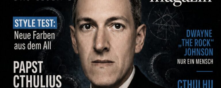 Satirisches Magazincover vor schwarzem Hintergrund: Im Zentrum steht der ernst blickende Kultautor H. P. Lovecraft im dunklen Anzug, hinter ihm zeichnen sich Tentakel und okkulte Symbole ab. Große weiße Überschrift: „ERFOLG magazin“. Weitere Themen sind „Papst Cthulius – Der Kämpfer für Tiefseegerechtigkeit“, „Style Test: Neue Farben aus dem All“, „Erfolg braucht kein Talent“ und „Spitzenleistung – Wie man zu außergewöhnlicher Beschwörung gelangt“. Unten rechts steht der menschliche Fisch Blubbr Paddel mit dem Hinweis „Innsmouth neu entdecken“.