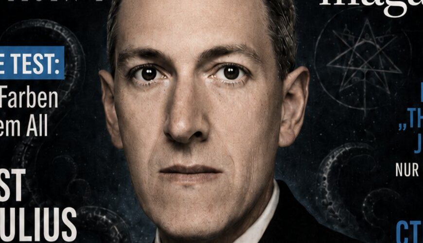 Satirisches Magazincover vor schwarzem Hintergrund: Im Zentrum steht der ernst blickende Kultautor H. P. Lovecraft im dunklen Anzug, hinter ihm zeichnen sich Tentakel und okkulte Symbole ab. Große weiße Überschrift: „ERFOLG magazin“. Weitere Themen sind „Papst Cthulius – Der Kämpfer für Tiefseegerechtigkeit“, „Style Test: Neue Farben aus dem All“, „Erfolg braucht kein Talent“ und „Spitzenleistung – Wie man zu außergewöhnlicher Beschwörung gelangt“. Unten rechts steht der menschliche Fisch Blubbr Paddel mit dem Hinweis „Innsmouth neu entdecken“.