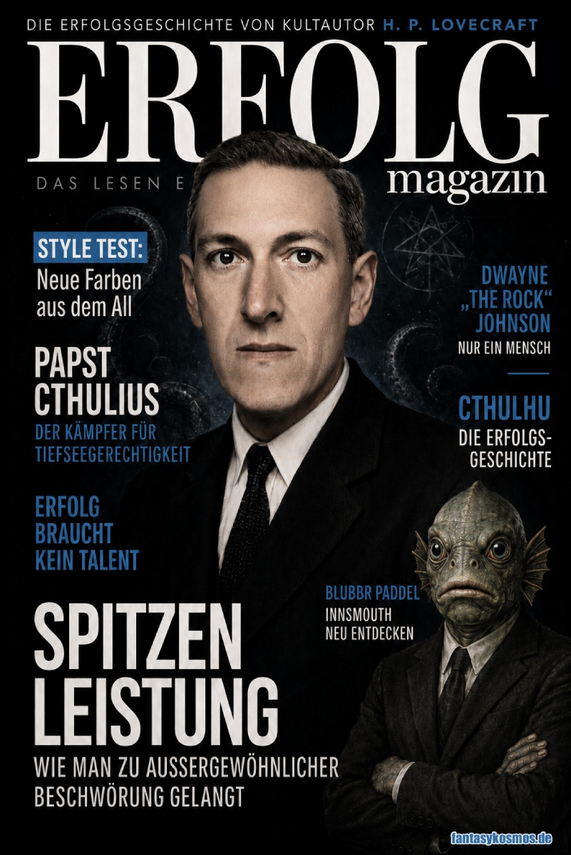 Satirisches Magazincover vor schwarzem Hintergrund: Im Zentrum steht der ernst blickende Kultautor H. P. Lovecraft im dunklen Anzug, hinter ihm zeichnen sich Tentakel und okkulte Symbole ab. Große weiße Überschrift: „ERFOLG magazin“. Weitere Themen sind „Papst Cthulius – Der Kämpfer für Tiefseegerechtigkeit“, „Style Test: Neue Farben aus dem All“, „Erfolg braucht kein Talent“ und „Spitzenleistung – Wie man zu außergewöhnlicher Beschwörung gelangt“. Unten rechts steht der menschliche Fisch Blubbr Paddel mit dem Hinweis „Innsmouth neu entdecken“.