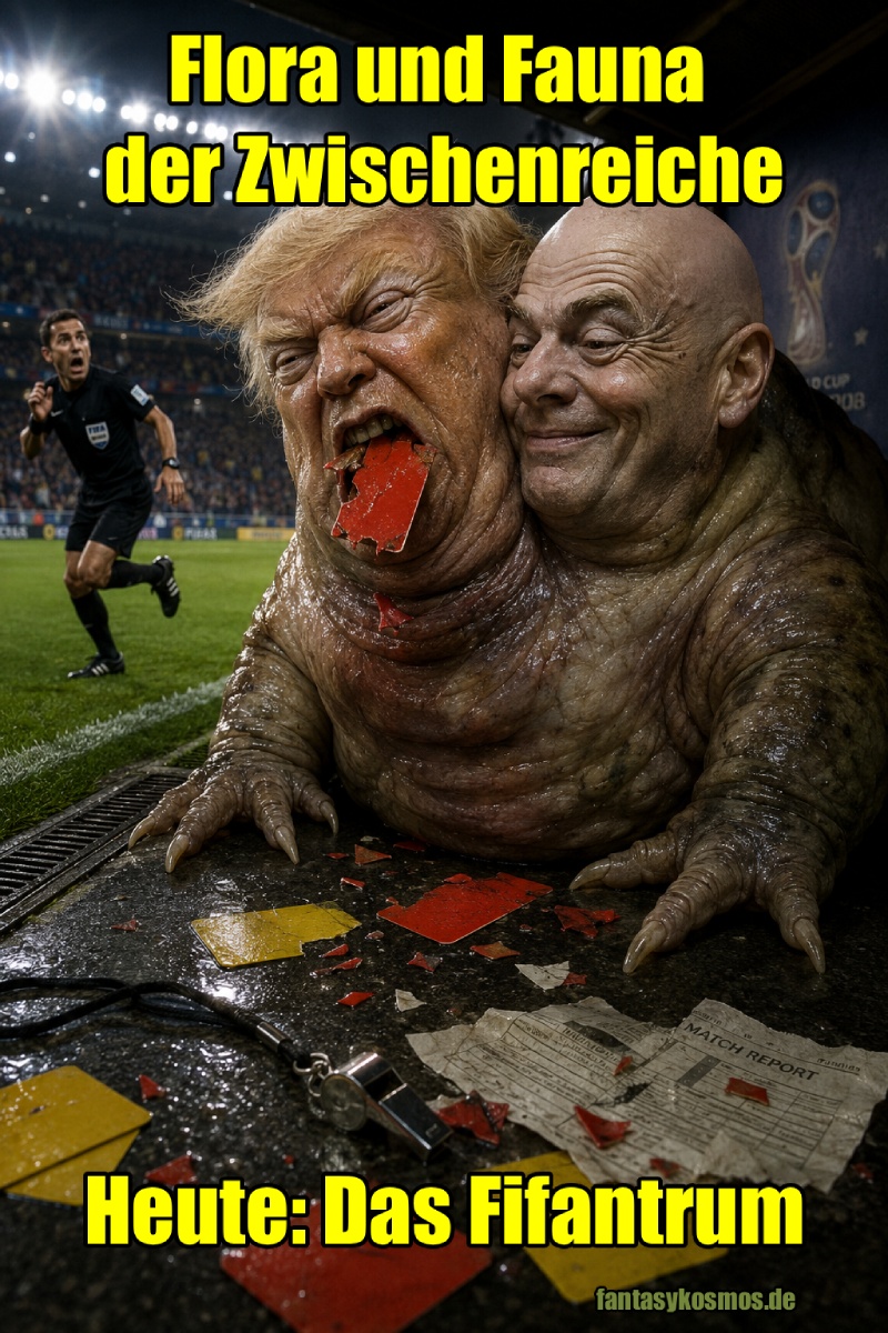 Kurioses Fantasy-Naturfoto im Hochformat: Eine widerliche zweiköpfige Stadionkreatur hockt am Rand eines WM-Innenraums und kaut genüsslich auf einer roten Karte. Einer der Köpfe grinst ölig, der andere wirkt laut und aufgedunsen. Im Hintergrund flieht ein panischer Schiedsrichter über den Rasen. Überall liegen Pfeife, Kartenfetzen und zerknüllte Zettel. Die Szene wirkt wie eine echte Naturdoku-Aufnahme eines turnierverderbenden Parasiten.