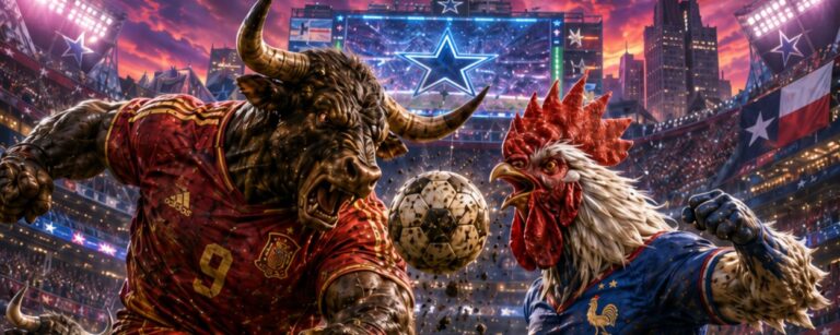 In einem monumentalen Stadion in Dallas prallt ein gewaltiger spanischer Stier im roten Trikot auf einen kämpferischen französischen Hahn im blauen Trikot.
