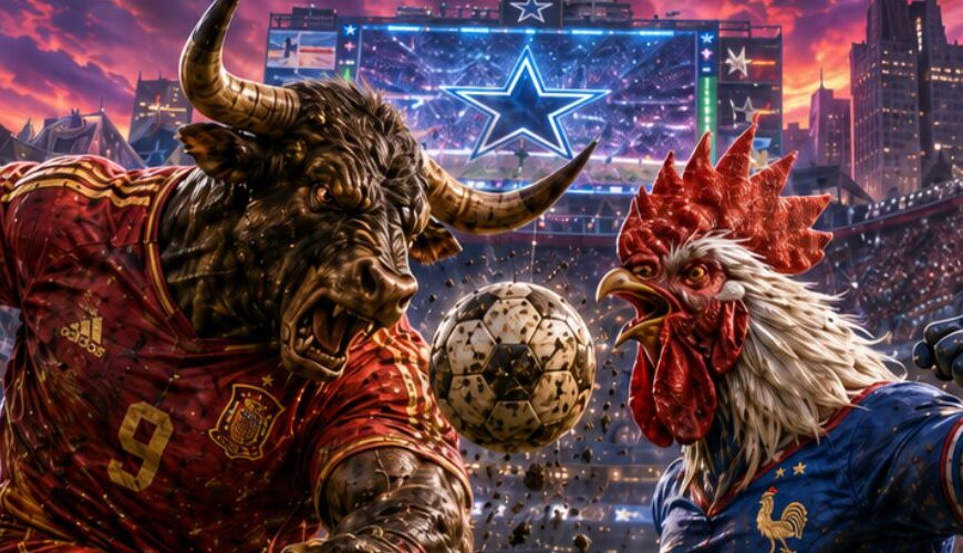In einem monumentalen Stadion in Dallas prallt ein gewaltiger spanischer Stier im roten Trikot auf einen kämpferischen französischen Hahn im blauen Trikot.