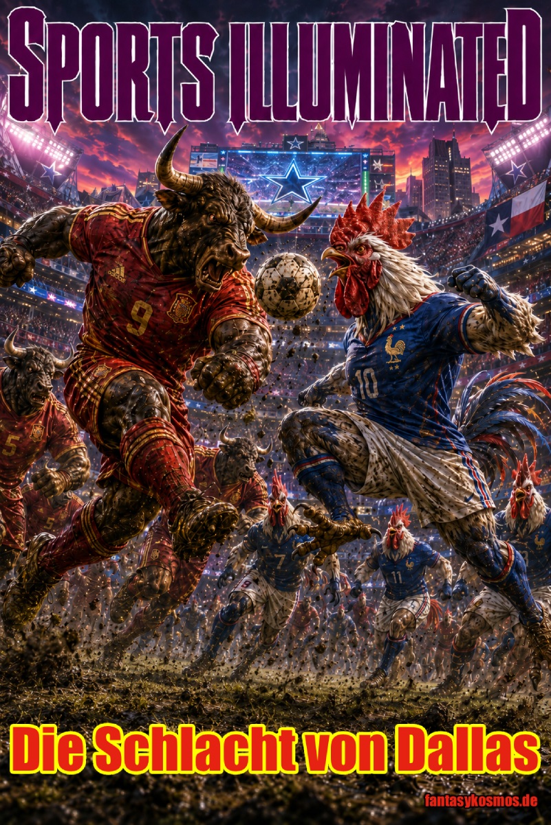 Fantasy-Sportmagazincover zum WM-Halbfinale 2026: In einem monumentalen Stadion in Dallas prallt ein gewaltiger spanischer Stier im roten Trikot auf einen kämpferischen französischen Hahn im blauen Trikot. Weitere Stiere und Hähne stürmen durch Schlamm und fliegende Grasbrocken zum Ball. Oben steht „SPORTS ILLIMINATED“, unten die Schlagzeile „Die Schlacht von Dallas“.
