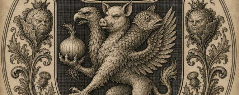 Antikes Wappen des Erzherzogtums Mettenschlund im Kupferstichstil: Ein dreiköpfiges Wappentier mit Adlerkopf, Schweinekopf und ratlosem Karpfenkopf hält eine rohe Zwiebel wie ein Reichsheiligtum. Darüber steht das Motto „Confusio est fortitudo“, umrahmt von Krone, Kohlköpfen, Blattornamenten und feierlicher Gemüse-Heraldik.