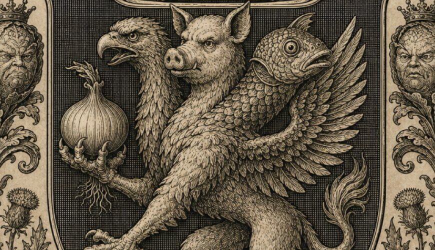 Antikes Wappen des Erzherzogtums Mettenschlund im Kupferstichstil: Ein dreiköpfiges Wappentier mit Adlerkopf, Schweinekopf und ratlosem Karpfenkopf hält eine rohe Zwiebel wie ein Reichsheiligtum. Darüber steht das Motto „Confusio est fortitudo“, umrahmt von Krone, Kohlköpfen, Blattornamenten und feierlicher Gemüse-Heraldik.