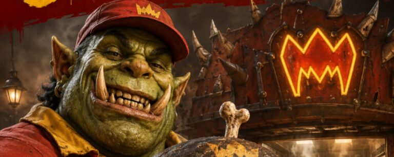 Satirisches Fast-Food-Werbebild im grellen Fantasy-Stil: Ein breit grinsender Ork im roten Uniformhemd und mit roter Kappe hält einen riesigen Burger direkt in die Kamera.
