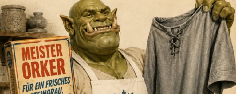 Retro-Werbeplakat im Sepia-Stil: Ein grinsender, muskulöser Ork in weißer Schürze hält eine Waschmittelpackung mit der Aufschrift „Meister Orker“ in der einen und ein frisch gewaschenes steingraues Hemd in der anderen Hand. Über ihm stehen die Slogans „MEISTER ORKER“ und „WOW, WAS FÜR EIN GRAU!“. Unten links prangt ein Siegel mit „Das beliebteste Waschmittel der Zwischenreiche“, rechts unten stehen ein Wäschekorb mit grauer Kleidung sowie zwei staunende kleine Fantasyfiguren.
