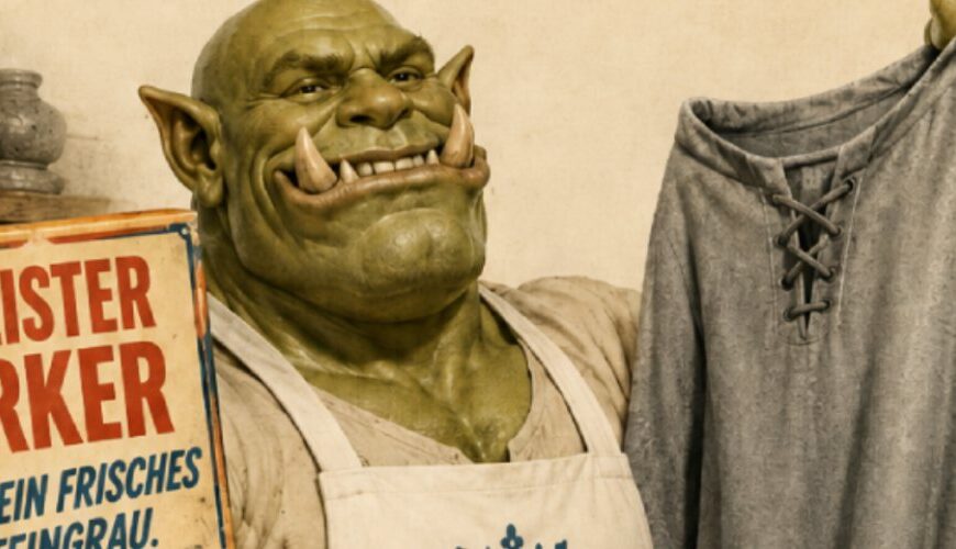 Retro-Werbeplakat im Sepia-Stil: Ein grinsender, muskulöser Ork in weißer Schürze hält eine Waschmittelpackung mit der Aufschrift „Meister Orker“ in der einen und ein frisch gewaschenes steingraues Hemd in der anderen Hand. Über ihm stehen die Slogans „MEISTER ORKER“ und „WOW, WAS FÜR EIN GRAU!“. Unten links prangt ein Siegel mit „Das beliebteste Waschmittel der Zwischenreiche“, rechts unten stehen ein Wäschekorb mit grauer Kleidung sowie zwei staunende kleine Fantasyfiguren.