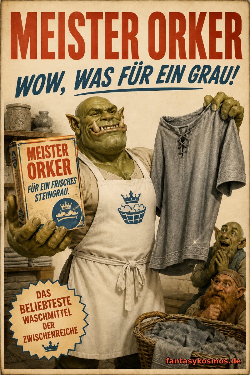 Retro-Werbeplakat im Sepia-Stil: Ein grinsender, muskulöser Ork in weißer Schürze hält eine Waschmittelpackung mit der Aufschrift „Meister Orker“ in der einen und ein frisch gewaschenes steingraues Hemd in der anderen Hand. Über ihm stehen die Slogans „MEISTER ORKER“ und „WOW, WAS FÜR EIN GRAU!“. Unten links prangt ein Siegel mit „Das beliebteste Waschmittel der Zwischenreiche“, rechts unten stehen ein Wäschekorb mit grauer Kleidung sowie zwei staunende kleine Fantasyfiguren.