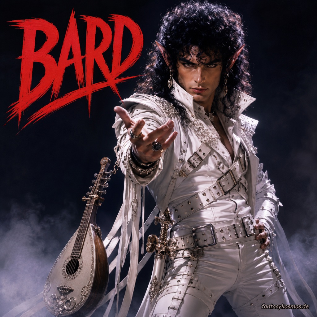 Quadratisches Fantasy-Albumcover vor tiefschwarzem Hintergrund: Ein ernst blickender Elfenbarde mit schwarzer Lockenmähne, langen spitzen Ohren und auffälligem Schmuck trägt eine extravagante weiße Lederkluft voller Schnallen, Gurte, Nieten und silberner Verzierungen. Er streckt dem Betrachter dramatisch eine Hand entgegen. Neben ihm lehnt eine reich verzierte Laute, während links in großen roten Buchstaben „BARD“ steht.