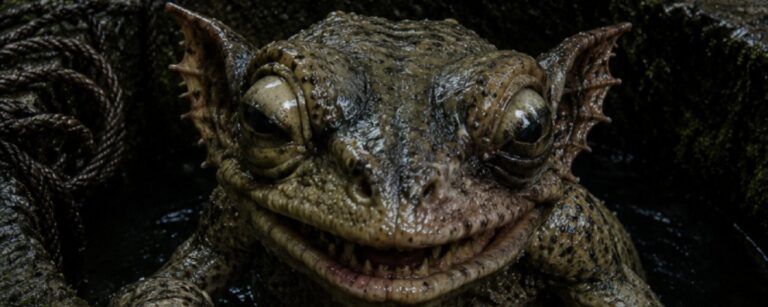 Makroartiges Fantasy-Naturfoto im Hochformat: Ein glitschiger Brunnenschieler mit froschartiger Haut, schräg stehenden Augen, breitem Zahnmaul und langen Krallen klammert sich an den nassen Rand eines alten Steinbrunnens. Moos, dunkles Wasser, ein rostiger Eimer und feuchte Pflanzen umgeben das bösartig grinsende Wesen.