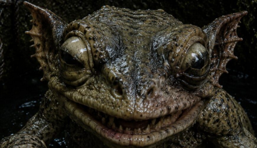 Makroartiges Fantasy-Naturfoto im Hochformat: Ein glitschiger Brunnenschieler mit froschartiger Haut, schräg stehenden Augen, breitem Zahnmaul und langen Krallen klammert sich an den nassen Rand eines alten Steinbrunnens. Moos, dunkles Wasser, ein rostiger Eimer und feuchte Pflanzen umgeben das bösartig grinsende Wesen.