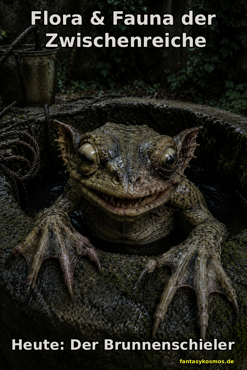 Makroartiges Fantasy-Naturfoto im Hochformat: Ein glitschiger Brunnenschieler mit froschartiger Haut, schräg stehenden Augen, breitem Zahnmaul und langen Krallen klammert sich an den nassen Rand eines alten Steinbrunnens. Moos, dunkles Wasser, ein rostiger Eimer und feuchte Pflanzen umgeben das bösartig grinsende Wesen.