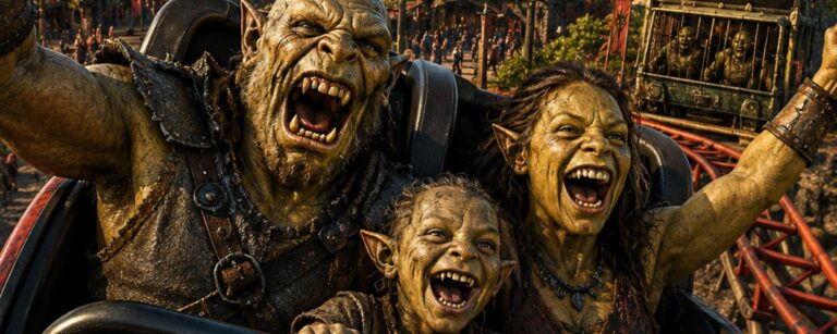 Satirisches Freizeitpark-Werbebild im düster-überdrehten Fantasy-Stil: Eine jubelnde Ork-Familie sitzt im vorderen Wagen einer Achterbahn und rast durch einen finsteren Vulkanpark. Im Hintergrund stehen ein Riesenrad mit flammendem Auge, ein hoher Freefall-Tower, gezackte Festungsbauten und der Schicksalsberg mit roter Lavabahn. Unten im Bild stehen der Slogan „WIR WISSEN, WO DU DIESEN SOMMER RUINIEREN WIRST!“ sowie das große Logo „MORDORLAND“.