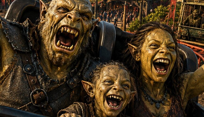 Satirisches Freizeitpark-Werbebild im düster-überdrehten Fantasy-Stil: Eine jubelnde Ork-Familie sitzt im vorderen Wagen einer Achterbahn und rast durch einen finsteren Vulkanpark. Im Hintergrund stehen ein Riesenrad mit flammendem Auge, ein hoher Freefall-Tower, gezackte Festungsbauten und der Schicksalsberg mit roter Lavabahn. Unten im Bild stehen der Slogan „WIR WISSEN, WO DU DIESEN SOMMER RUINIEREN WIRST!“ sowie das große Logo „MORDORLAND“.