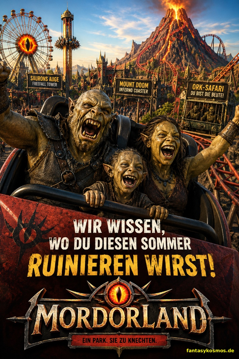 Satirisches Freizeitpark-Werbebild im düster-überdrehten Fantasy-Stil: Eine jubelnde Ork-Familie sitzt im vorderen Wagen einer Achterbahn und rast durch einen finsteren Vulkanpark. Im Hintergrund stehen ein Riesenrad mit flammendem Auge, ein hoher Freefall-Tower, gezackte Festungsbauten und der Schicksalsberg mit roter Lavabahn. Unten im Bild stehen der Slogan „WIR WISSEN, WO DU DIESEN SOMMER RUINIEREN WIRST!“ sowie das große Logo „MORDORLAND“.